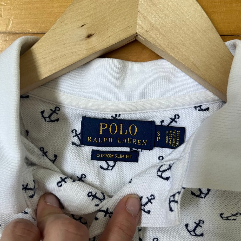 Polo Ralph Lauren Mens Custom Slim Fit Anchor Print Polo Shirt White Navy S - Picture 5 of 6